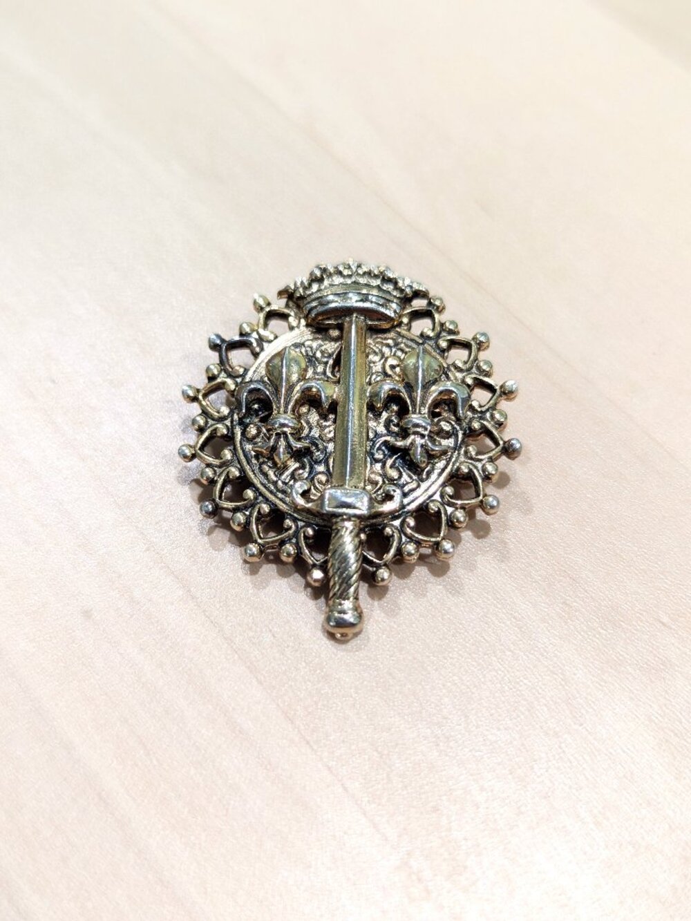 Vintage Gold Tone Filigree Fleur De Lis Crown Sword Medallion Brooch